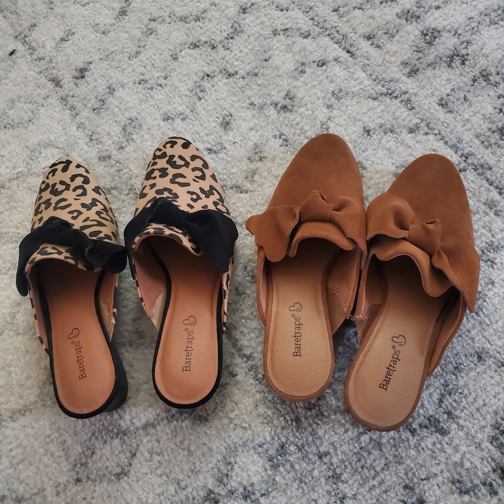 BareTraps Women's Leopard and Brown Mules